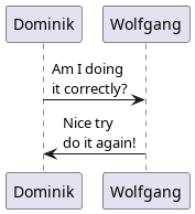 Dominik -> Wolfgang: Am I doing\nit correctly?
Wolfgang -> Dominik: Nice try\ndo it again!